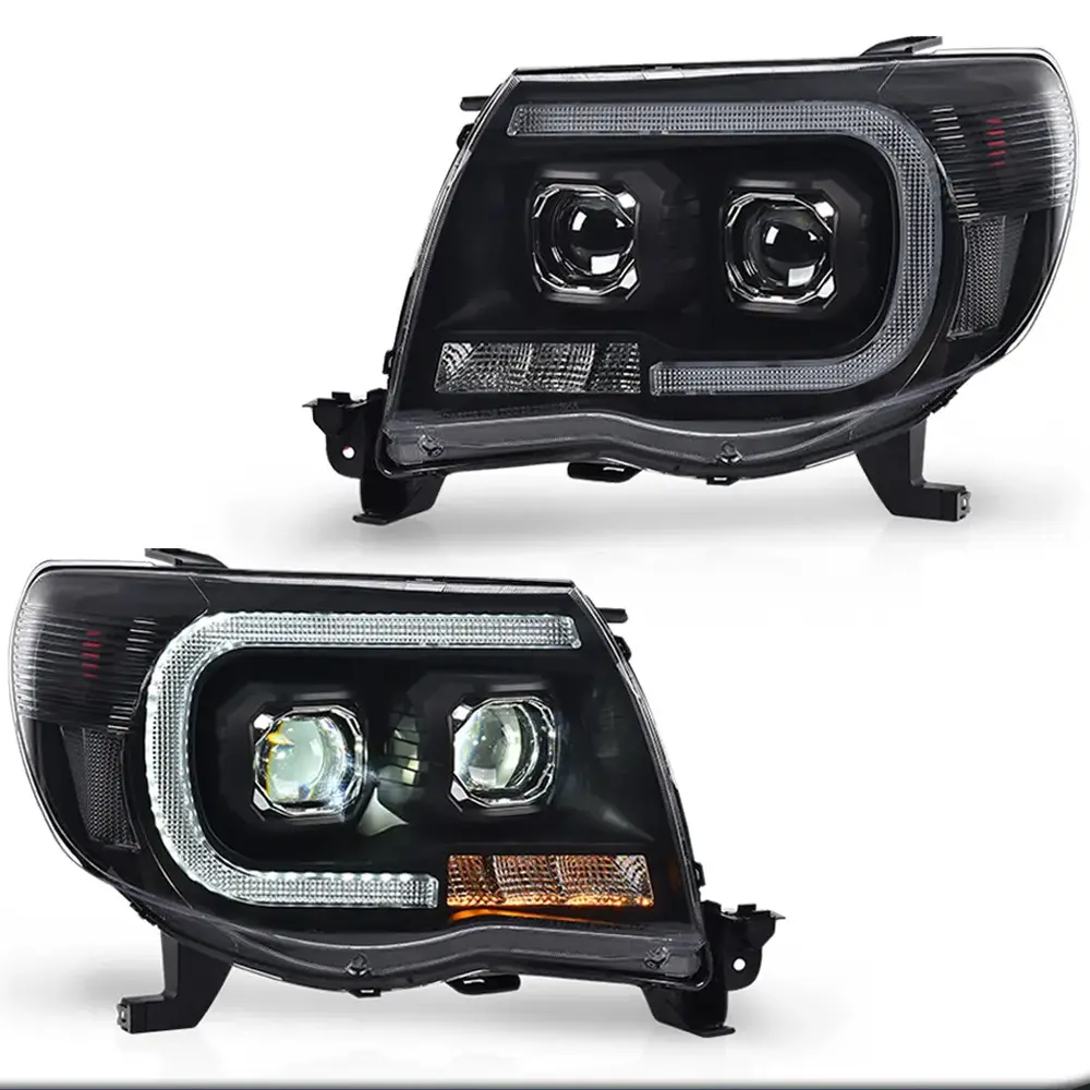 Dual LED Tube Projector Headlights Headlamps (Black) for 2005-2011 Toyota Tacoma